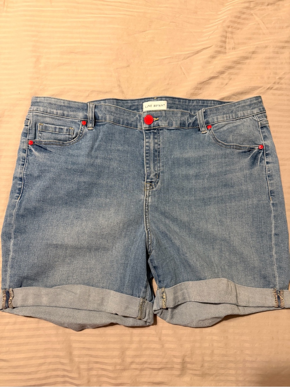 Lane Bryant Light Blue Denim Shorts with Red Button